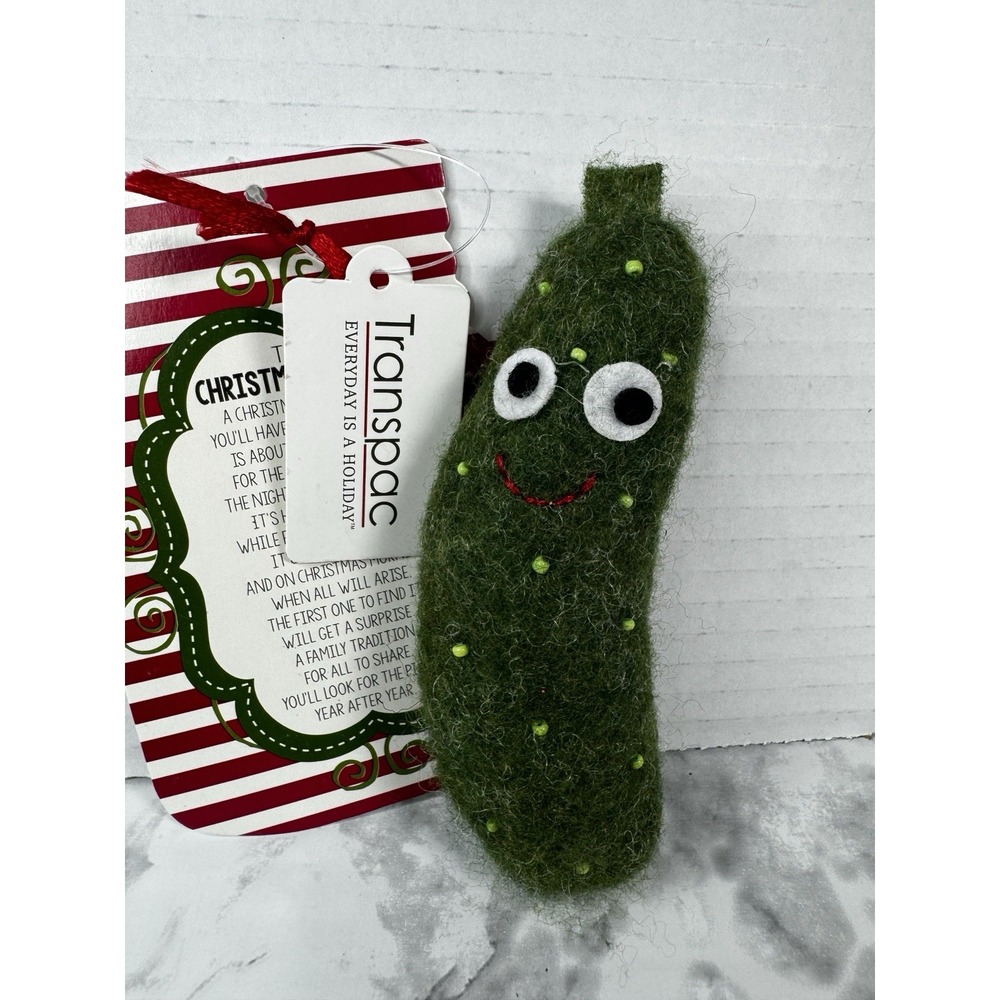 Transpac Felt Christmas Green Pickle Holiday Ornament 5.5" White Elephant Gift